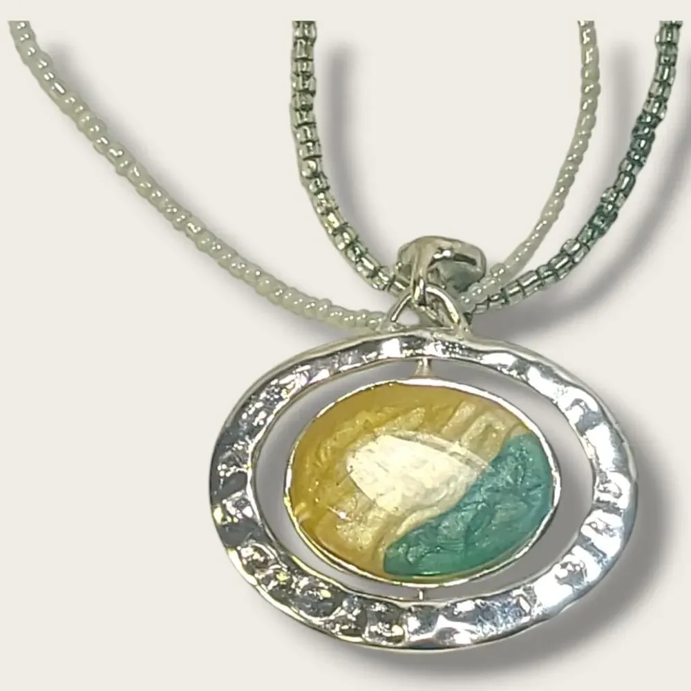Vintage Orbit Changeable Spinner‎ Pendant Hammered Silver Tone Beaded Necklace